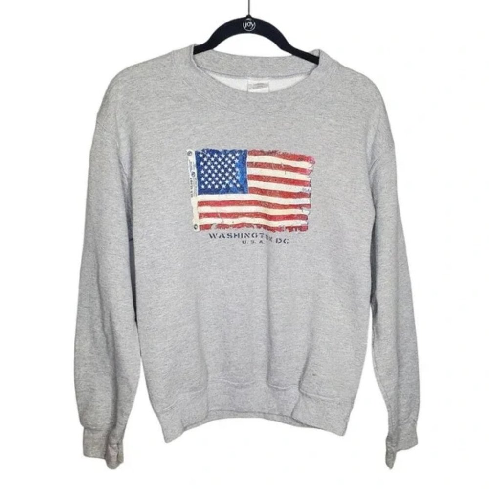 Washington D.C. US Flag Crewneck Pullover Grey Sweatshirt Women's Small Souvenir